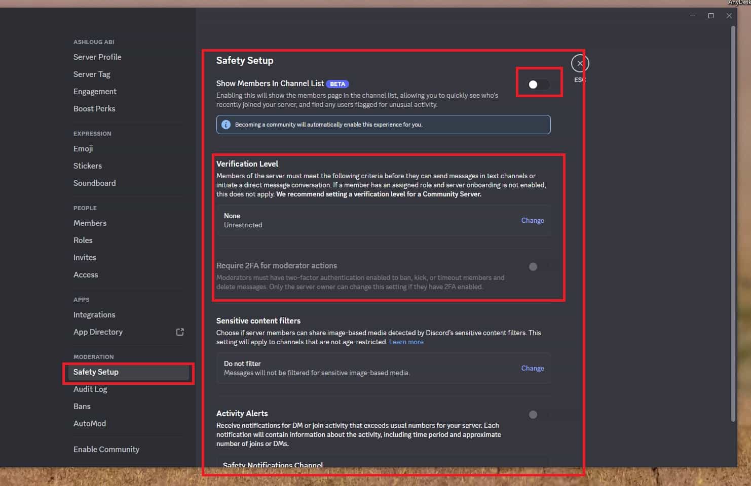 Verification level settings